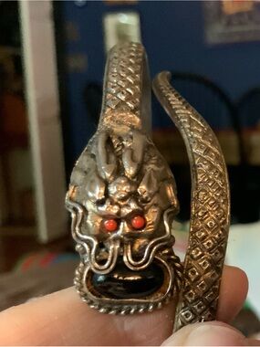 Antique Chinese Silver Dragon Bracelet with Coral Eyes and Semiprecious “Pearl.”